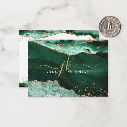 Groen agate Geode Gold Glitter Monogram Script Notitiekaartje (Voorkant / Achterkant in situ)