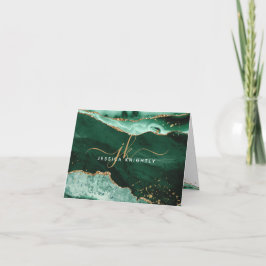 Groen agate Geode Gold Glitter Monogram Script Notitiekaartje
