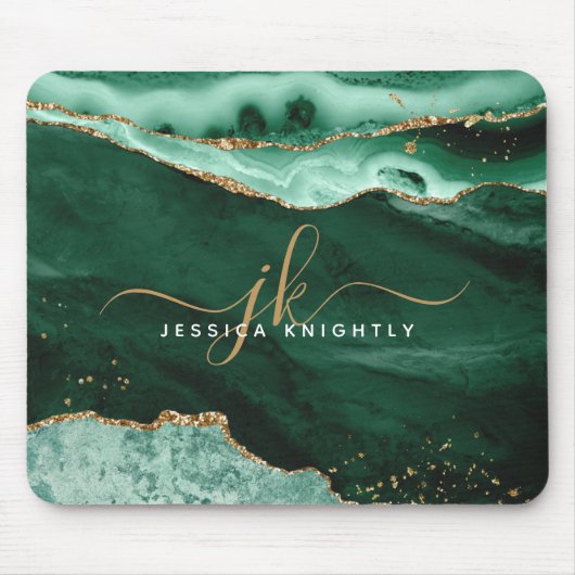 Groen Agate Geode Gold Glitter Script Monogram Muismat (Voorkant)