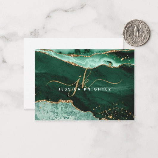 Groen Agate Geode Gold Glitter Script Monogram Notitiekaartje (Voorkant / Achterkant in situ)