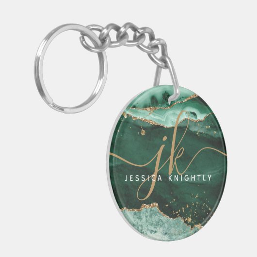 Groen Agate Geode Gold Glitter Script Monogram Sleutelhanger (Voorkant Links)