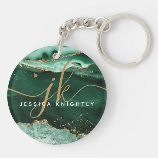 Groen Agate Geode Gold Glitter Script Monogram Sleutelhanger (Achterkant)