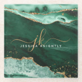 Groen Agate Gold Glitter-script monogram Glazen Onderzetter (Voorkant)