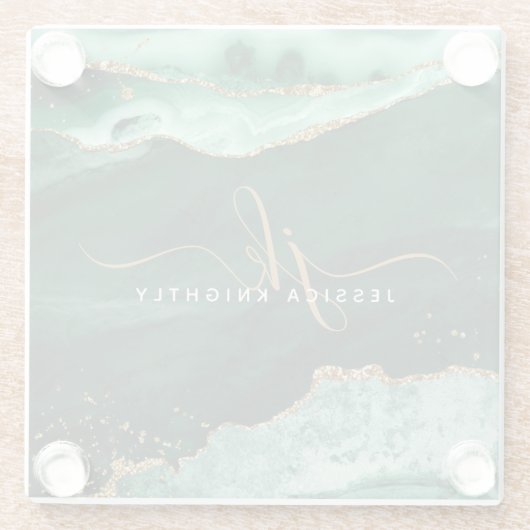 Groen Agate Gold Glitter-script monogram Glazen Onderzetter (Achterkant)