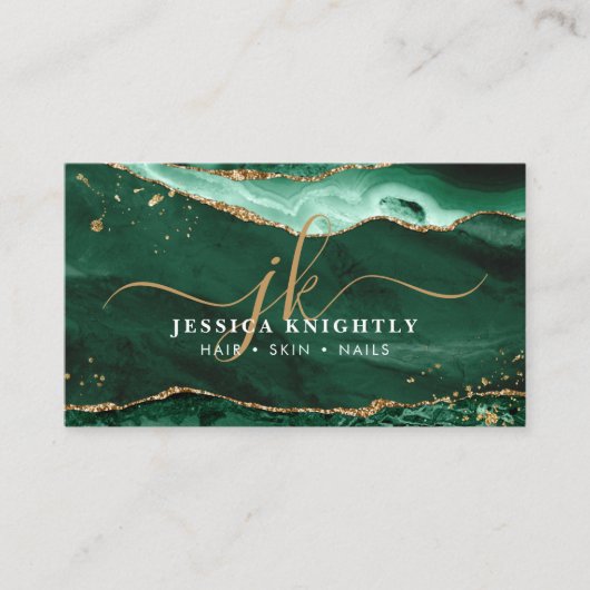 Groen Agate Gold Glitter-script monogram Visitekaartje (Voorkant)