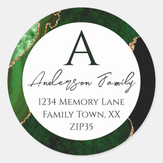 Groen Agate Monogram Familie Adres Ronde Sticker (Voorkant)