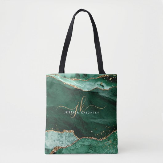 Groen Agate Script Monogram Gold Glitter Tote Bag (Voorkant)