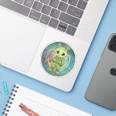 Groen Alien Kind Sticker (Laptop met iPhone)