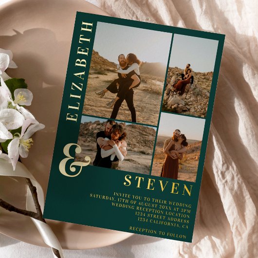 Groen ampersand 4 folie voor gouden bruinkoolbruid uitnodiging