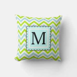 Groen & Aqua Blauw Chevron Custom Monogram Kussen