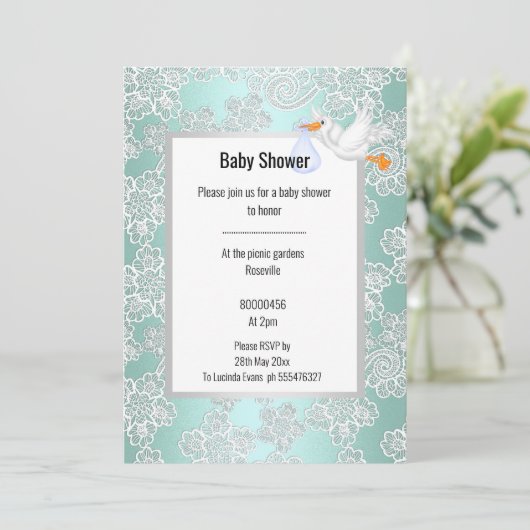 GROEN AQUA LACE DETAIL WHITE STORK BABY SHOWER KAART (Staand voorkant)