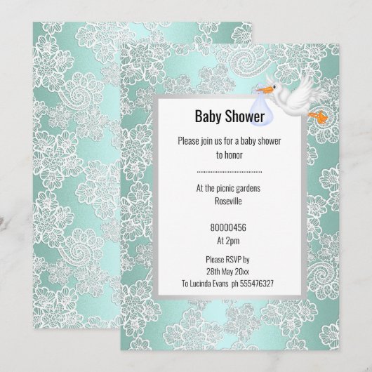 GROEN AQUA LACE DETAIL WHITE STORK BABY SHOWER KAART (Voorkant / Achterkant)