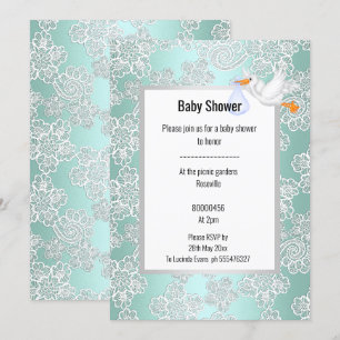 GROEN AQUA LACE DETAIL WHITE STORK BABY SHOWER KAART