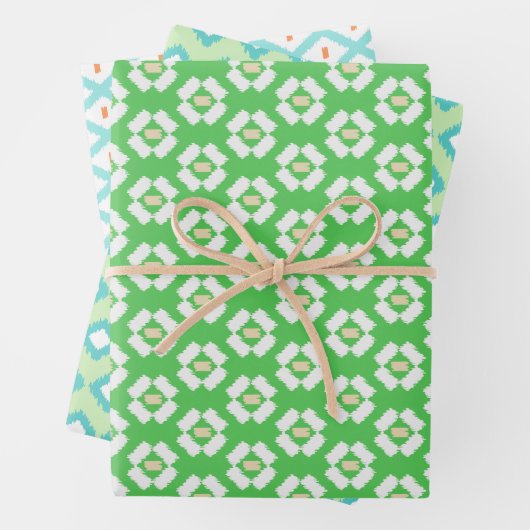 Groen, Aqua & Mint Tribal Diamond Ikat Pattern Inpakpapier Vel (In situ)