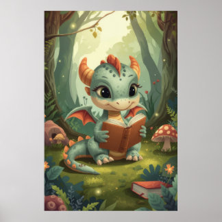 Groen Aquarel Lezend Baby Draak Bos Poster