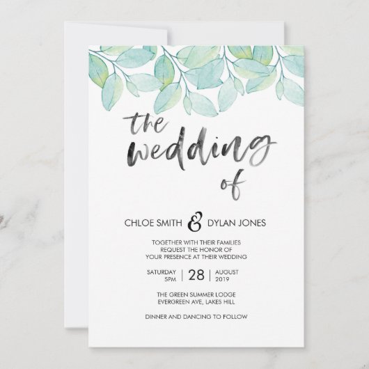 Groen Aquarel Zomer Bruiloft uitnodiging (Voorkant)