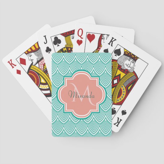 Groen Art Deco Vis Schubben Roze Monogram Naam Speelkaarten (Achterkant)