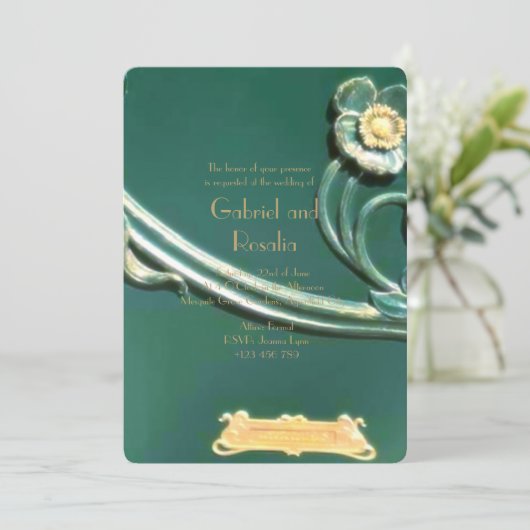 Groen, art nouveau, belle epoque, wood work, , save the date (Staand voorkant)