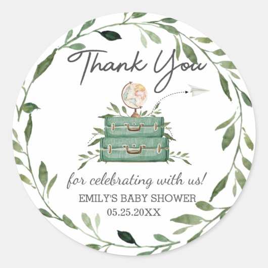 Groen Avontuur Baby Shower Reis Koffer Ronde Sticker (Voorkant)