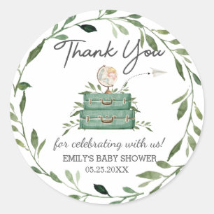 Groen Avontuur Baby Shower Reis Koffer Ronde Sticker
