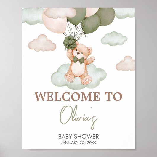 Groen Baby Beer Ballon Baby shower Welkom Poster (Voorkant)