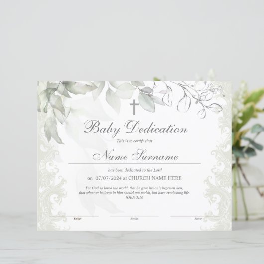 Groen Baby Dedicatiecertificaat, doop (Staand voorkant)