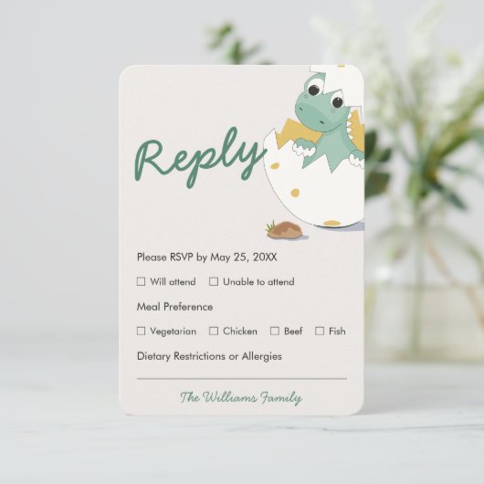 Groen Baby shower Dino Egg Menu Keuze RSVP-kaart (Staand voorkant)
