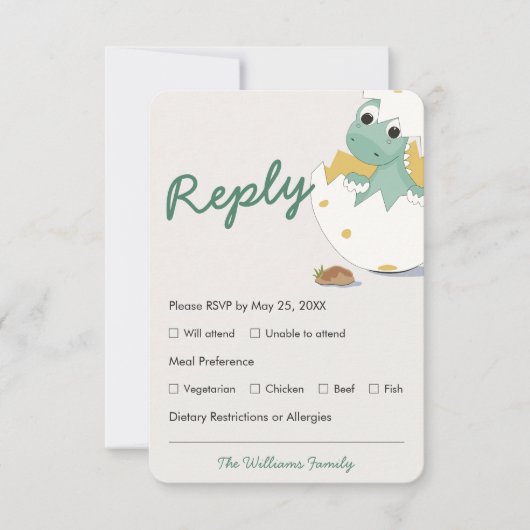 Groen Baby shower Dino Egg Menu Keuze RSVP-kaart (Voorkant)