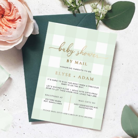 Groen Baby shower Gingham via e-mail Folie Uitnodiging