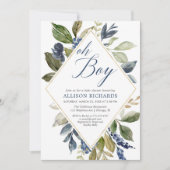 Groen baby shower, marineblauw groen gebladerte jo kaart (Voorkant)