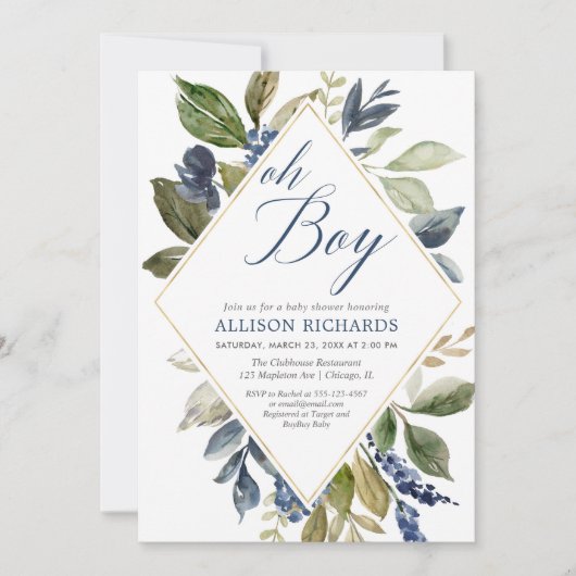 Groen baby shower, marineblauw groen gebladerte jo kaart (Voorkant)