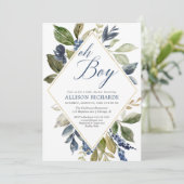 Groen baby shower, marineblauw groen gebladerte jo kaart (Staand voorkant)