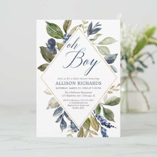 Groen baby shower, marineblauw groen gebladerte jo kaart (Staand voorkant)