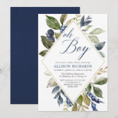 Groen baby shower, marineblauw groen gebladerte jo kaart (Voorkant / Achterkant)