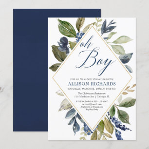 Groen baby shower, marineblauw groen gebladerte jo kaart