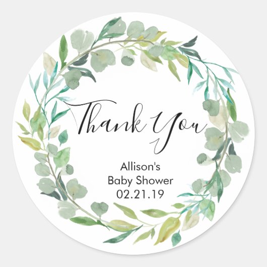 Groen baby shower stickers, groene bladeren ronde sticker (Voorkant)