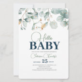 Groen Baby shower Uitnodiging, Eucalyptusbloem Kaart (Voorkant)