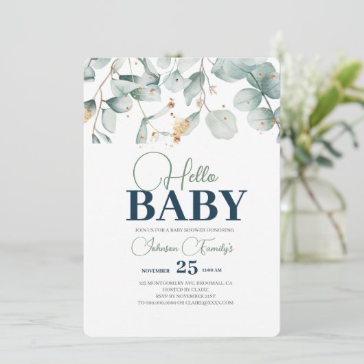 Groen Baby shower Uitnodiging, Eucalyptusbloem Kaart (Staand voorkant)