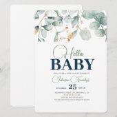 Groen Baby shower Uitnodiging, Eucalyptusbloem Kaart (Voorkant / Achterkant)