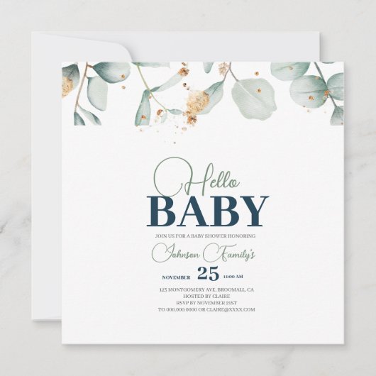 Groen Baby shower Uitnodiging, Eucalyptusbloem Save The Date (Voorkant)