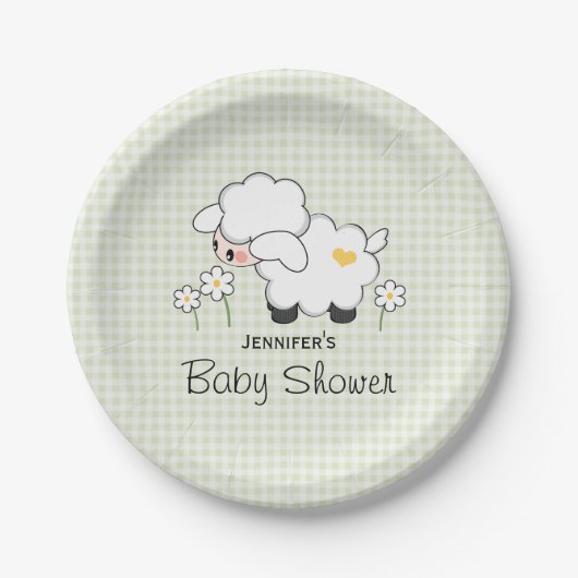 Groen Baby shower van Gingham Lamb Papieren Bordje (Voorkant)