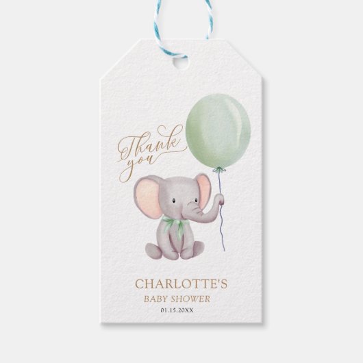 Groen ballon Elephant Baby shower Dank u wel Cadeaulabel (Voorkant)