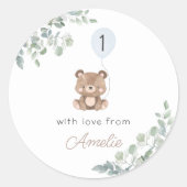 groen ballon teddybeer eerste verjaardag neutraal ronde sticker (Voorkant)