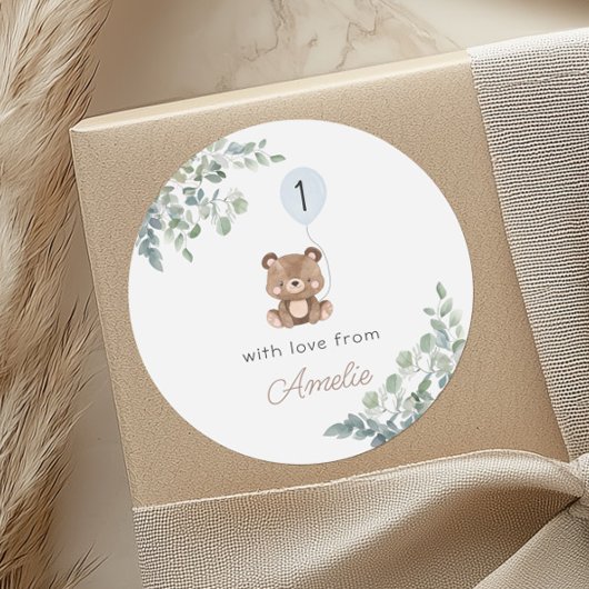 groen ballon teddybeer eerste verjaardag neutraal ronde sticker