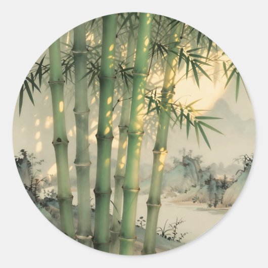 Groen Bamboebos Chinese Inkt Ronde Sticker (Voorkant)