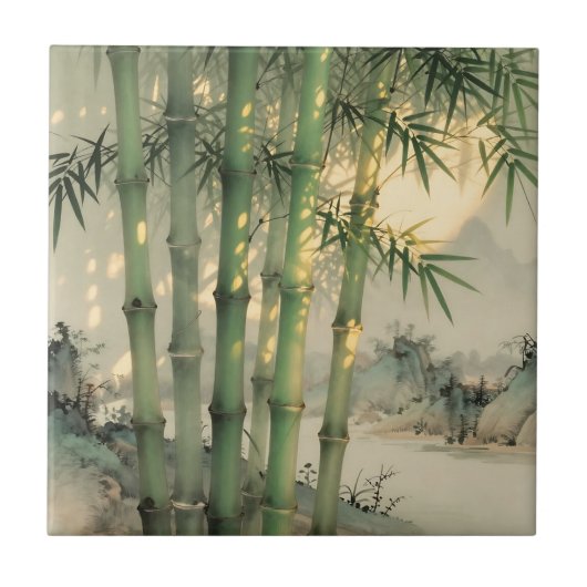 Groen Bamboebos Chinese Inkt Tegeltje (Voorkant)