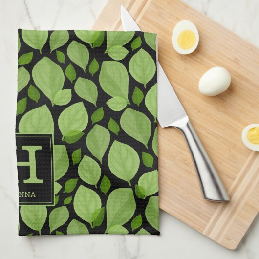 Groen basilicum lef kruidenpatroon botanisch monog theedoek (Quarter Fold)