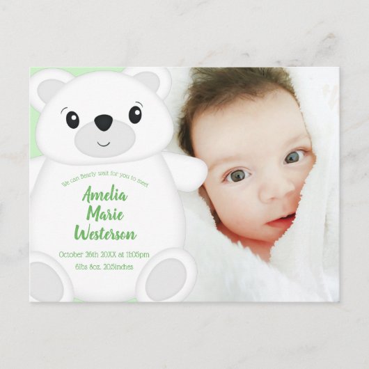 Groen Beer Baby shower Briefkaart (Voorkant)