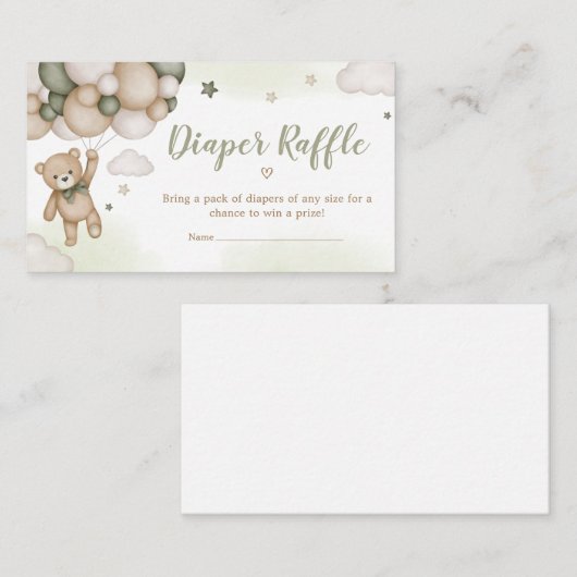 Groen Beer ballon Baby shower luier Raffle Informatiekaartje (Voorkant / Achterkant)