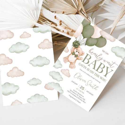 Groen Beer Ballon Bearly Wait Baby shower Kaart